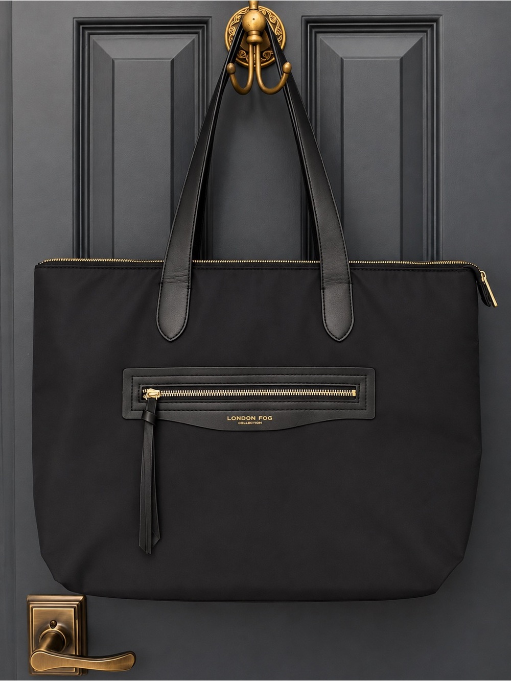 London Fog Black Nylon Tote with Gold Hardware